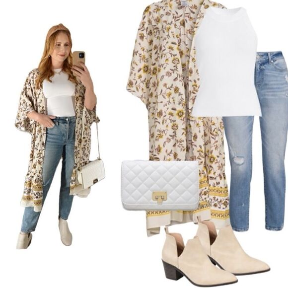 kimono cream brown golden floral cardigan duster size S/M - Picture 1 of 13